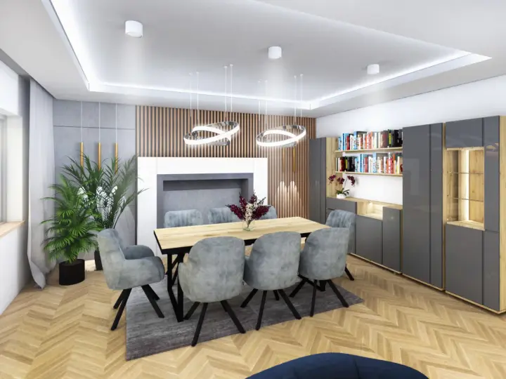Nowoczesny salon z jadalnią, gdzie drewniane lamele tworzą ciekawy pomysł na ścianę w salonie.