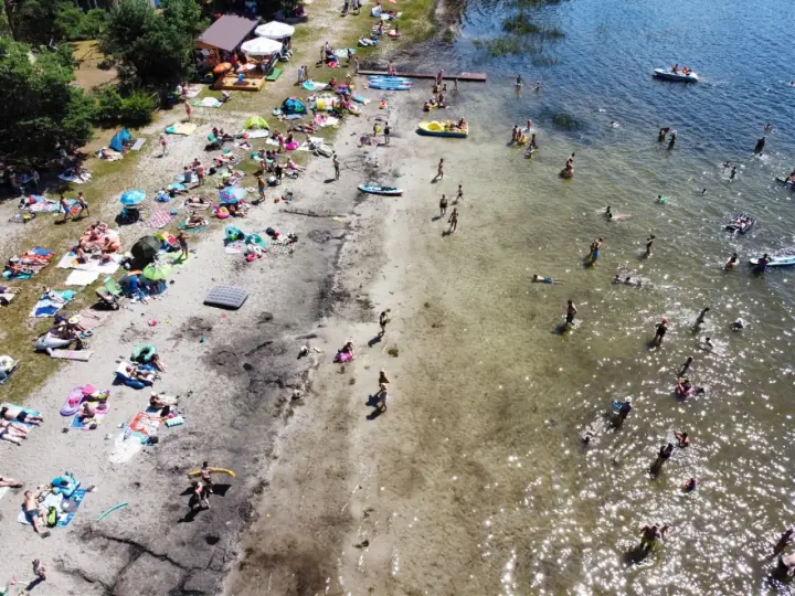Tłoczna plaża nad jeziorem, ludzie opalają się, kąpią i pływają. Wakacyjny wypoczynek na **jeziorach lubelskich**.