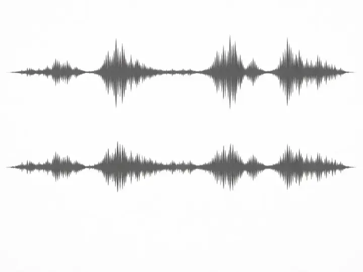 Dwa wykresy fal dźwiękowych pokazują duży **dynamic range** – od cichych fragmentów po głośne szczyty.