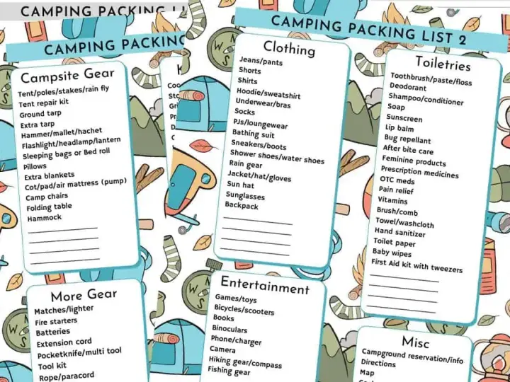 A camping packing list with sections for campsite gear, clothing, toiletries, more gear, entertainment, and misc. Essential items for a successful outdoor adventure.