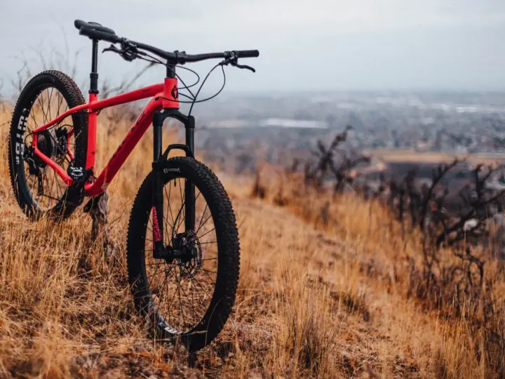 A red hardtail bike meaning adventure, rests on a dry, grassy hillside overlooking a hazy city.