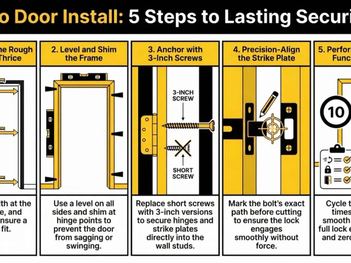 Learn how to hang a door with these 5 steps: measure, level, anchor, align strike plate, and test.