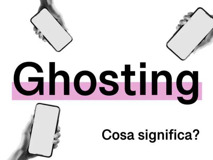 Il ghosting è una forma di violenza psicologica che lascia senza parole. Mani con smartphone circondano la parola "Ghosting".