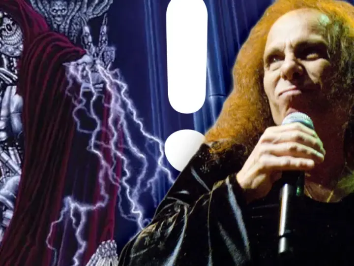 Ronnie James Dio, mit seinem ikonischen roten Haar, singt ins Mikrofon, während im Hintergrund eine düstere, metallische Figur mit Blitzentladungen zu sehen ist, passend zum Titel von Ronnie James Dio.