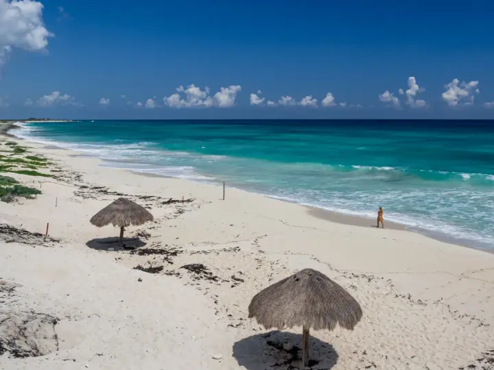 Pusta, piaszczysta nordeste playa z turkusową wodą i dwoma słomianymi parasolami. Kobieta spaceruje brzegiem morza.