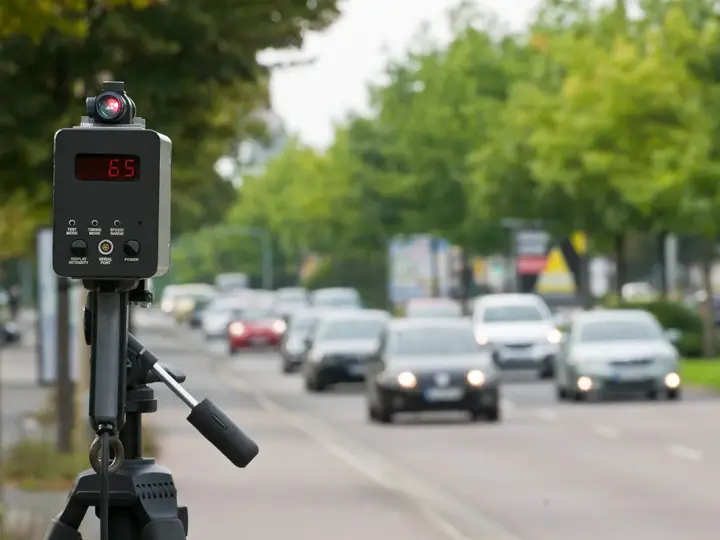 Autovelox mobile come funziona: un dispositivo su treppiede misura la velocità delle auto in transito su una strada alberata.