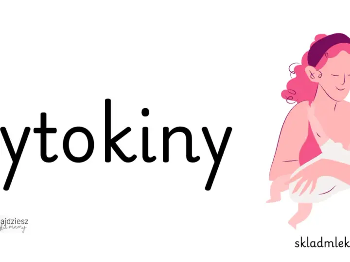 Ilustracja przedstawia słowo "Cytokiny" i kobietę karmiącą dziecko piersią.