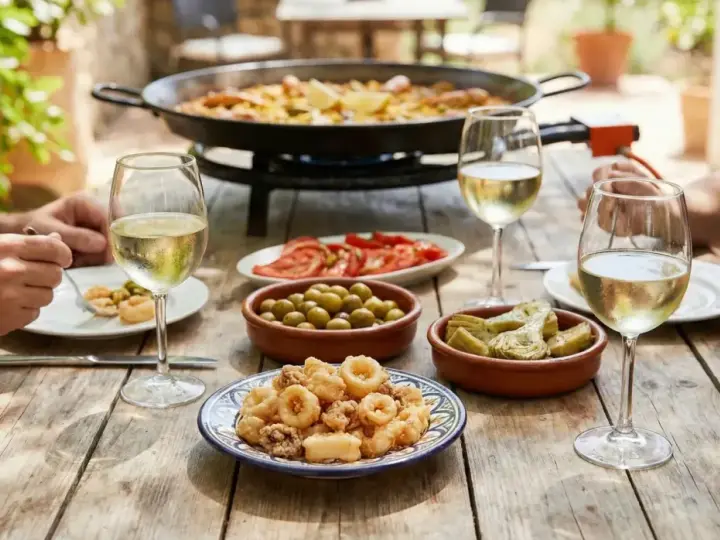 Un repas ensoleillé avec une paella fumante, des calamars frits, des olives, des cœurs d'artichauts, des tomates et un verre de vin blanc.