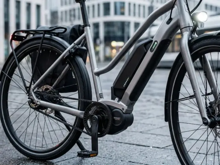 Nowy, srebrny rower elektryczny z bagażnikiem i sakwą, gotowy na miejskie wyzwania. Jaki rower elektryczny wybrać? Ten wygląda świetnie!