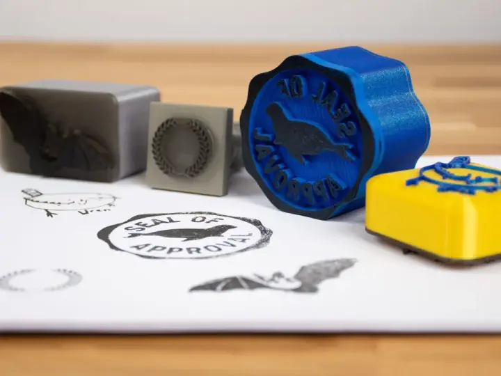 A blue 3d print stamp with a seal of approval design sits next to a yellow one.