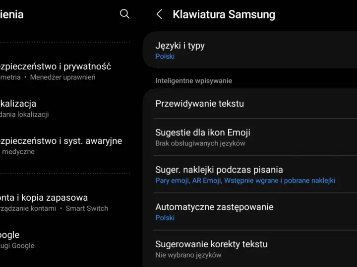 Ustawienia klawiatury Samsung: jak wyłączyć autokorektę? Widok opcji "Sugerowanie korekty tekstu" i "Przewidywanie tekstu".