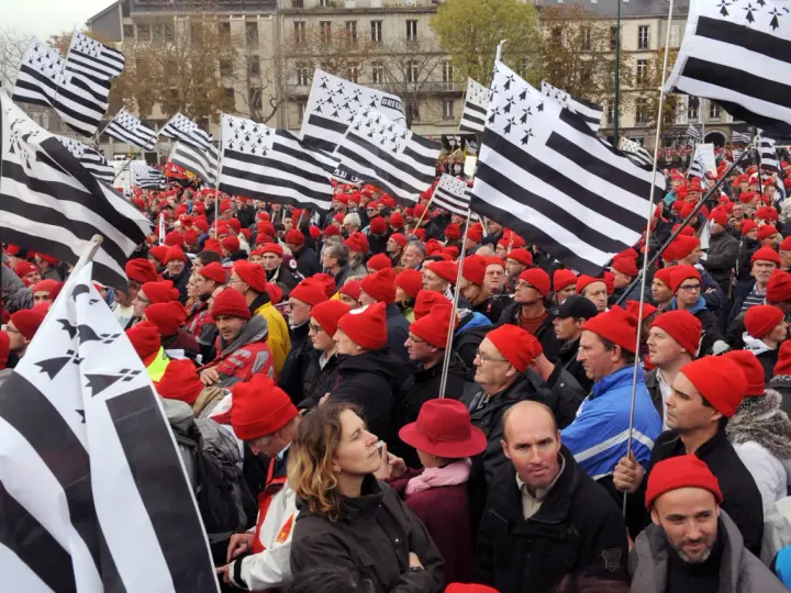Foule portant le bonnet rouge breton, brandissant des drapeaux bretons.