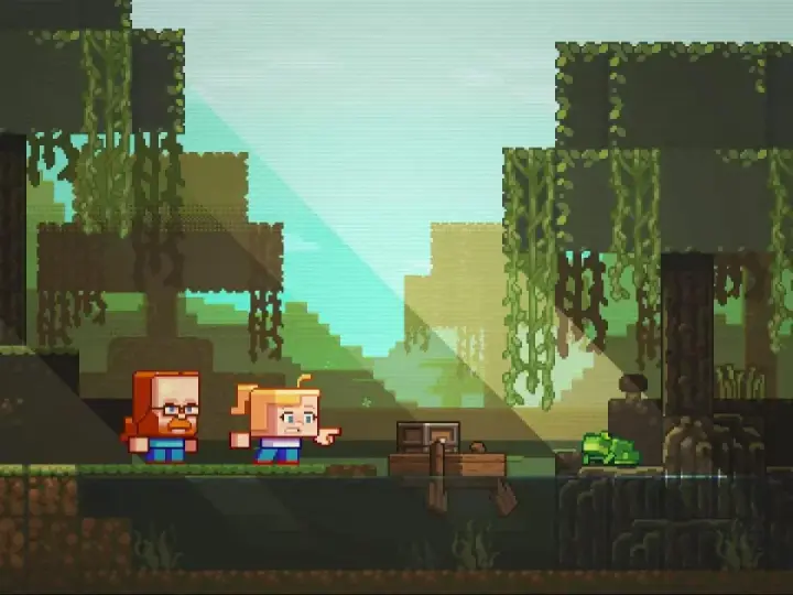 Dos personajes de Minecraft exploran un manglar, con un cofre flotando y una rana cerca.
