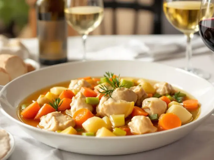 Un plat de poule au pot réconfortant, servi avec du pain et un verre de vin.