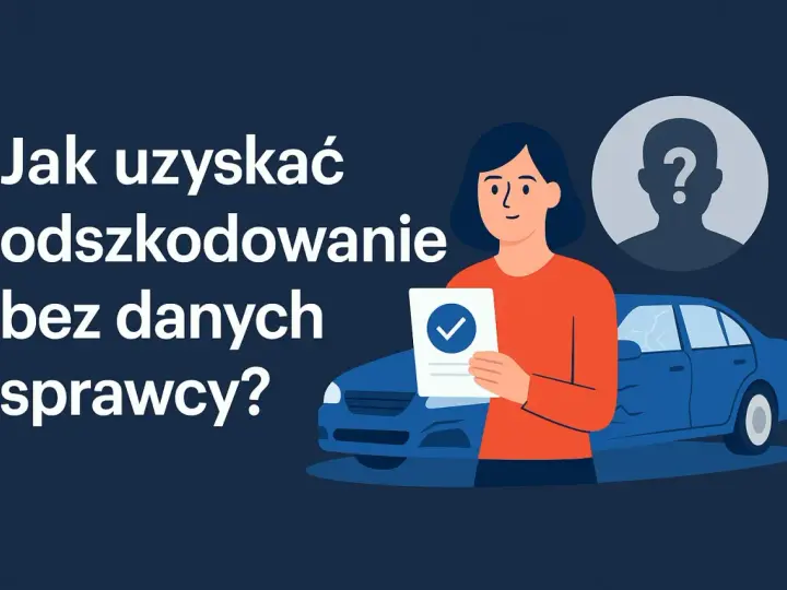 Ilustracja: kobieta trzyma dokument z zaznaczonym polem, obok uszkodzony samochód i sylwetka z znakiem zapytania.