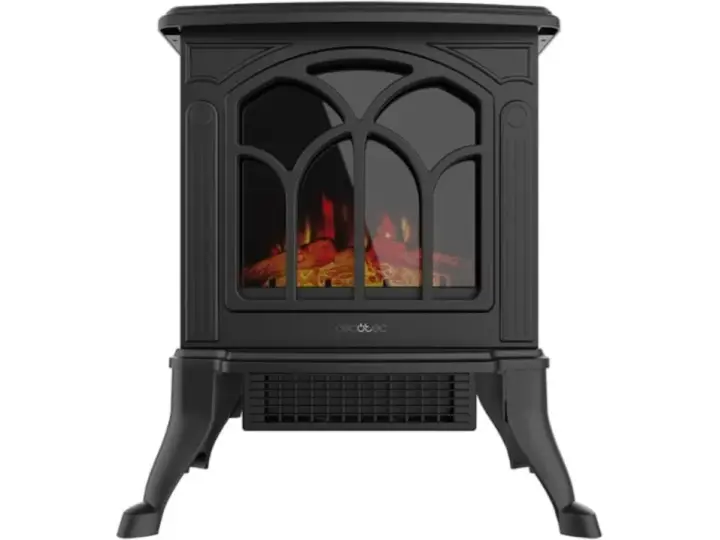 Chimenea eléctrica negra con efecto de leña ardiendo, un ejemplo de los modernos tipos de chimeneas de obra.