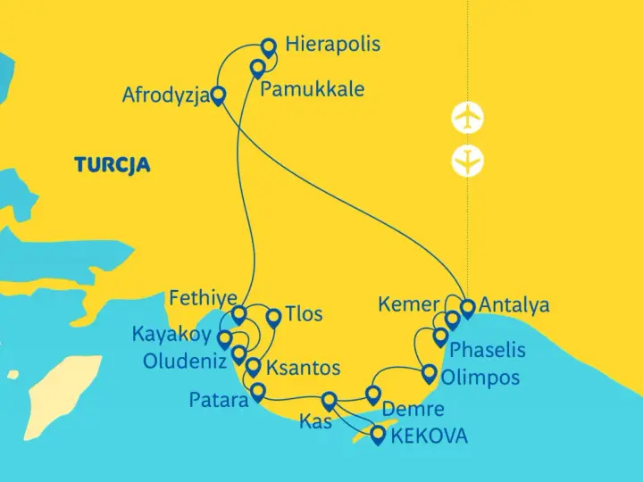 Mapa szlaku turystycznego po Turcji, obejmująca wybrzeże likijskie z atrakcjami jak Pamukkale, Fethiye, Kas i Kekova.