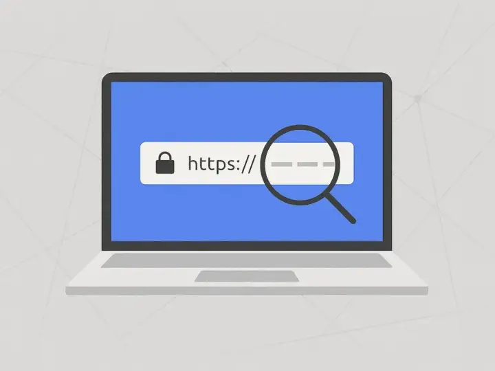 Ordinateur affichant une barre d'adresse sécurisée (https) avec une loupe zoomant sur des tirets, symbolisant la recherche d'un slug SEO.