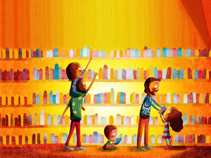 Una familia elige libros en una estantería colorida. ¡Hay tanto que leer!