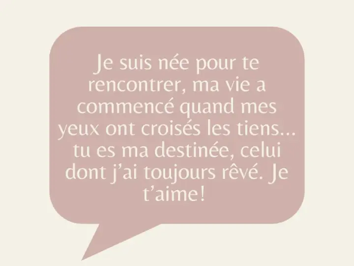Bulle rose avec un message : "Je suis née pour te rencontrer, ma vie a commencé quand mes yeux ont croisés les tiens... tu es ma destinée, celui dont j'ai toujours rêvé. Je t'aime!