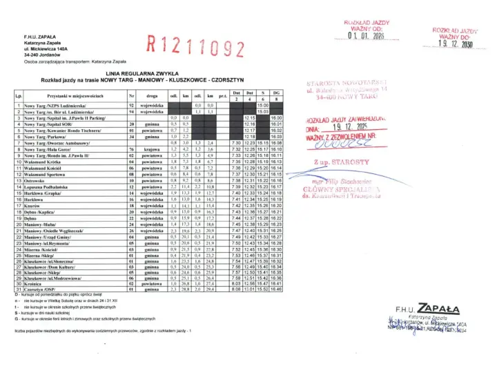 Rozkład jazdy mini trans na trasie Nowy Targ - Maniowy - Kluszkowce - Czorsztyn.