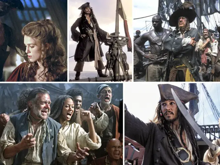 Kolaż scen z filmu "Piraci z Karaibów: Klątwa Czarnej Perły". Kapitan Jack Sparrow i jego załoga w akcji.