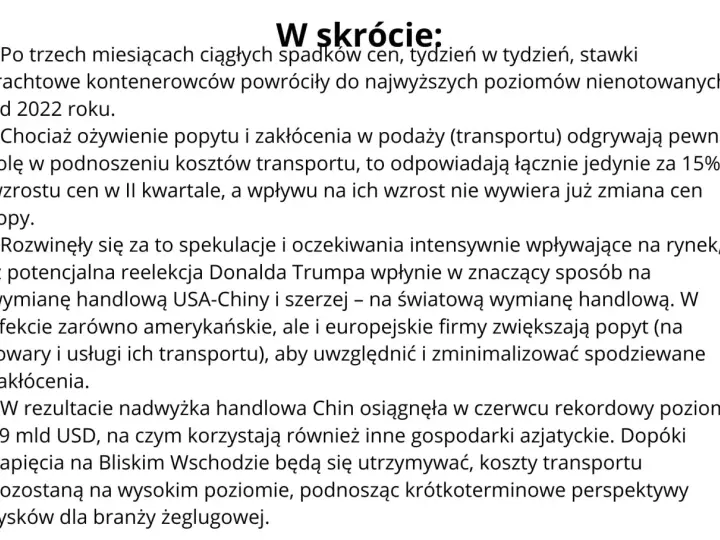 Stawki frachtowe kontenerowców rosną, wpływając na koszty transportu. Spekulacje i napięcia geopolityczne podnoszą perspektywy zysków dla żeglugi.