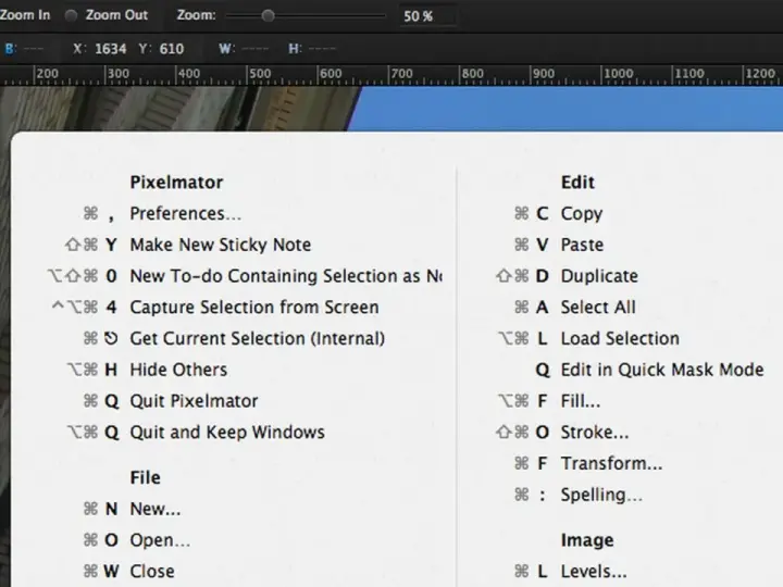 Menu Pixelmator z listą funkcji i ich skrótów klawiszowych, np. Kopiuj (⌘C), Wklej (⌘V).