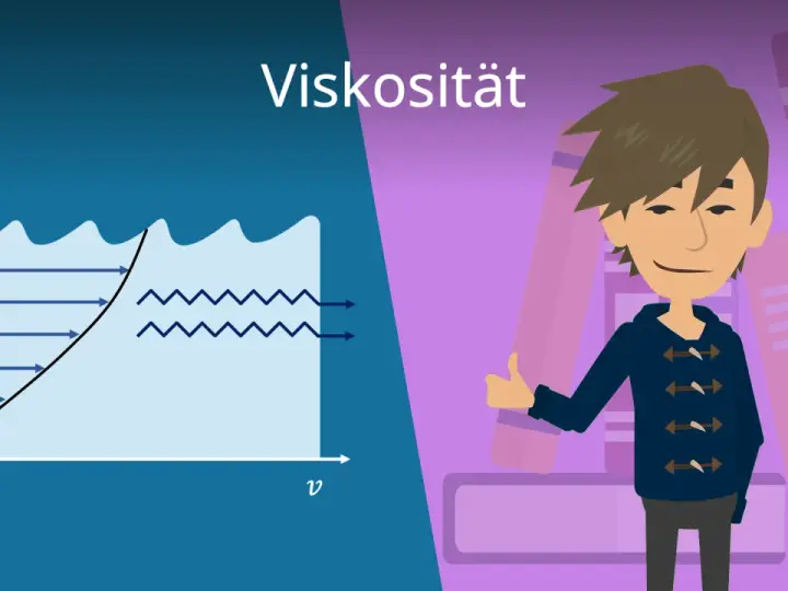 Diagramm zeigt Flüssigkeitsströmung und die Bedeutung von Viskosität. Ein Junge gibt Daumen hoch vor Bücherregal.