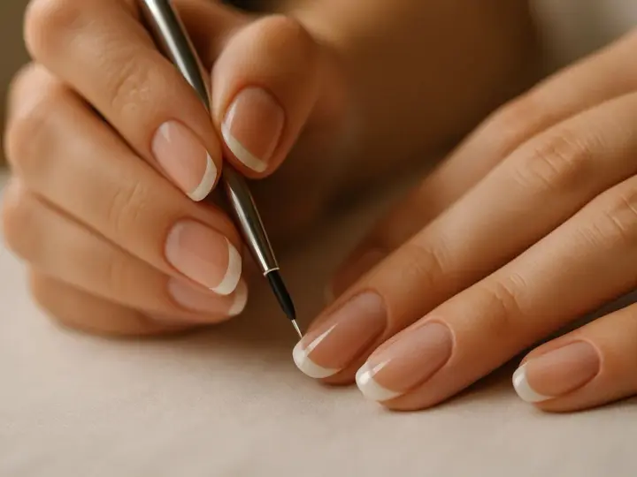 Dłonie z perfekcyjnym francuskim manicure, jedna z nich trzyma cienki pędzelek, jakby tworzyła dzieło sztuki.