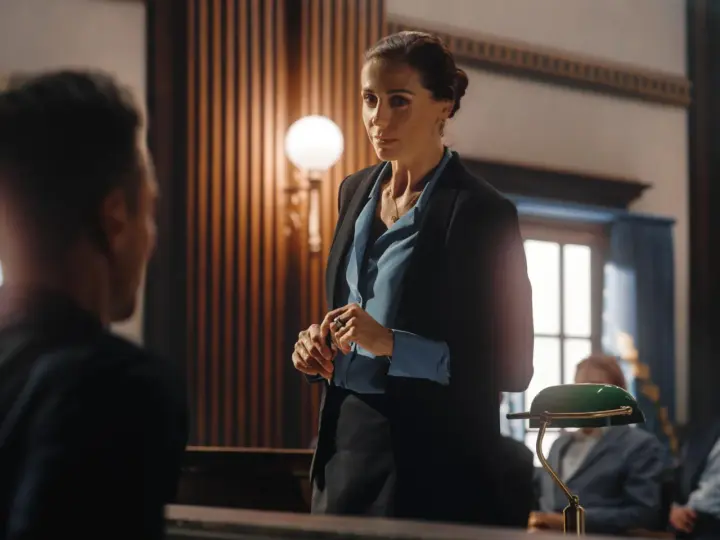 Abogada con traje negro y blusa azul, lista para un juicio. Un ejemplo de como ir vestida a un juicio mujer.