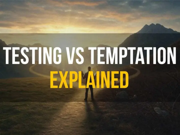 A lone figure stands on a path in a mountainous landscape at sunset, with text overlay: "TESTING VS TEMPTATION EXPLAINED." Does God test us?