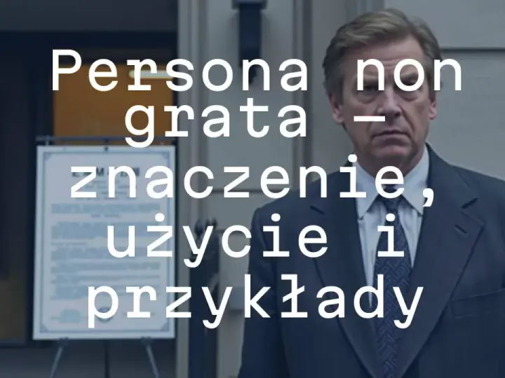 Mężczyzna w garniturze, z tekstem "Persona non grata - znaczenie, użycie i przykłady".