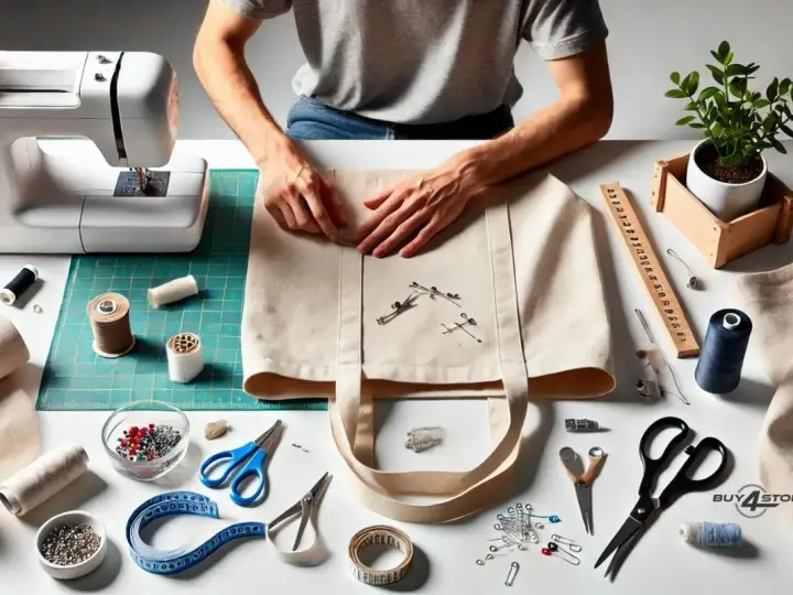 Manos cosiendo un bolso de mano de tela, con máquina de coser, hilos, tijeras y alfileres.