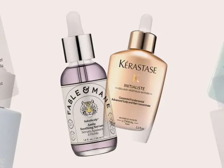 Kolekcja serum do skóry głowy: Fable & Mane, Kérastase, Aveda, Ouai. Każdy **cerkogel** obiecuje odżywienie i regenerację.