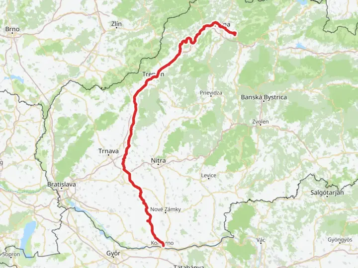 Mapa pokazuje trasę dookoła Tatr, biegnącą przez Słowację i Węgry, z zaznaczonymi miastami jak Żylina, Trenczyn, Trnawa, Nitra, Nowe Zamki, Komárno, Győr i Bratysława.