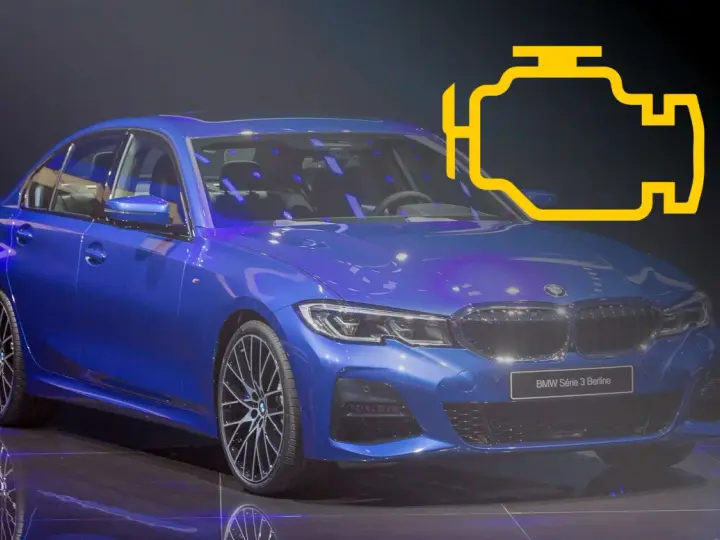 Niebieskie BMW Serii 3 z żółtym symbolem silnika, wskazującym na błąd DTC 4212.