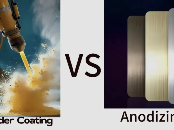 Proceso de pintar aluminio con recubrimiento en polvo versus anodizado, mostrando la aplicación de pintura y muestras de aluminio anodizado.