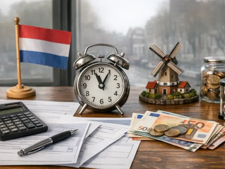 Nederlandse vlag, wekker, geld en molen. Tijd om de belastingdienst po polsku te regelen.