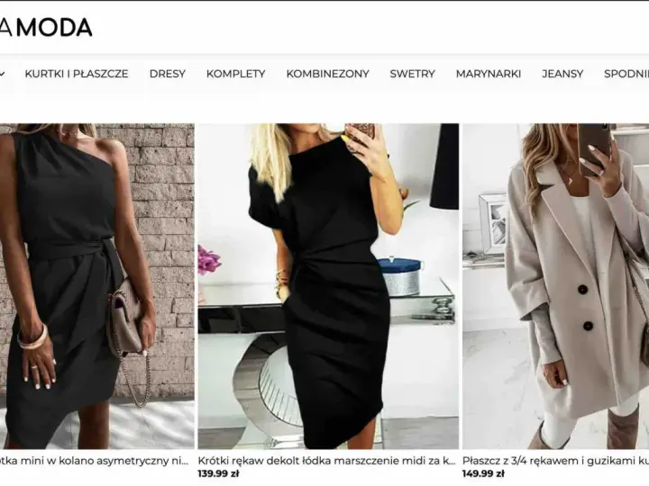 Moda opinie: czarna sukienka asymetryczna, czarna sukienka midi, beżowy płaszcz. Stylowe propozycje od ZOFIA MODA.