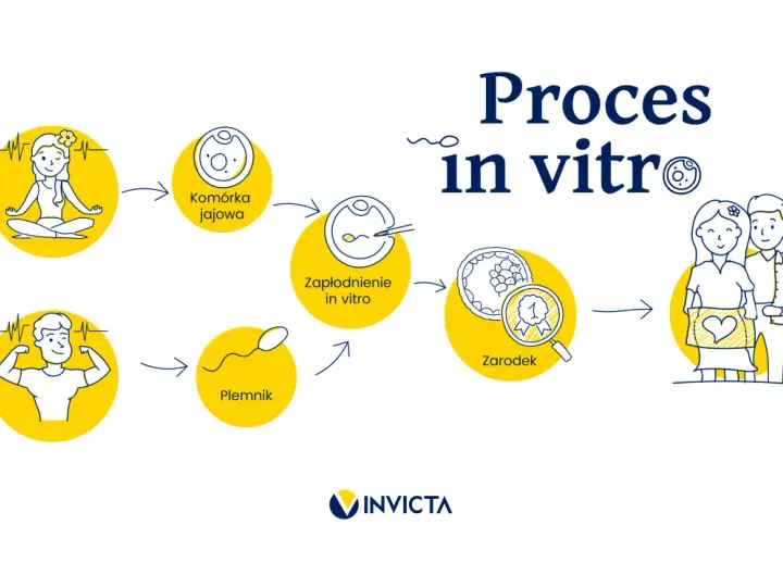 Ilustracja przedstawia proces in vitro: od komórki jajowej i plemnika, przez zapłodnienie, rozwój zarodka, aż po szczęśliwą parę z dzieckiem.