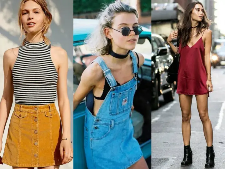 Trzy kobiety w stylizacjach inspirowanych modą lat 90.: w sztruksowej spódniczce, ogrodniczkach i satynowej sukience.