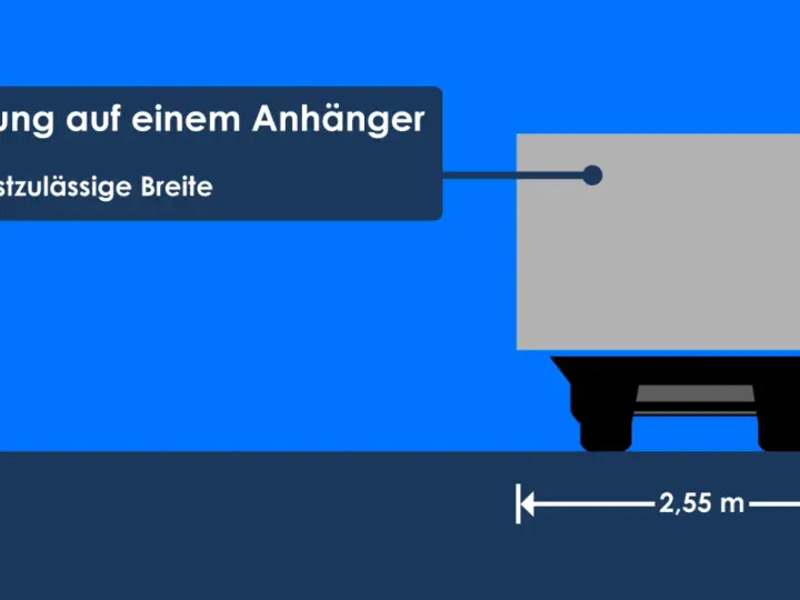 Ladung auf einem Anhänger: Die höchstzulässige Breite beträgt 2,55 m. Hier wird gezeigt, wie weit eine Ladung nach vorne hinausragen darf.