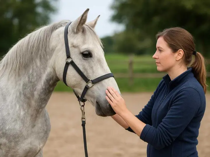 Une femme caresse un poney Connemara gris clair, un lien de confiance se crée entre eux.