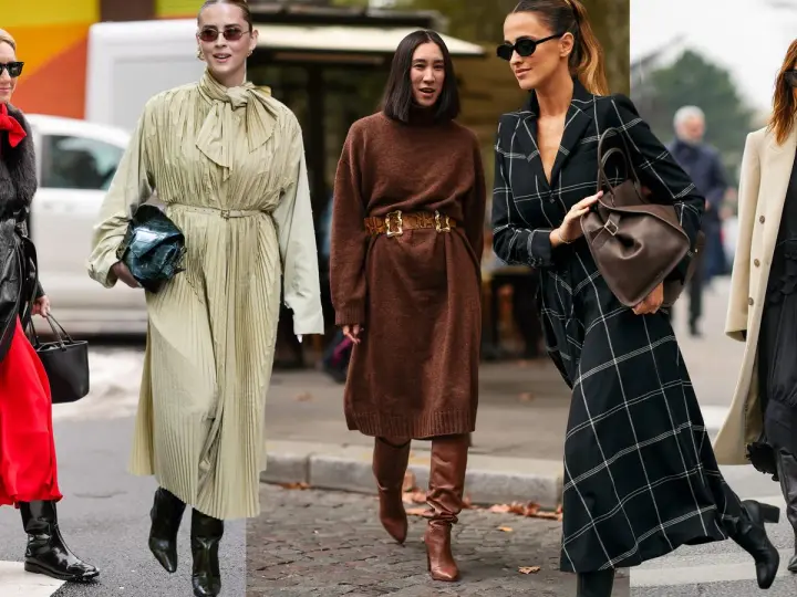 Estilos de moda callejera: vestidos largos, botines y bolsos. Se ve que **que largo de vestido se lleva** esta temporada.