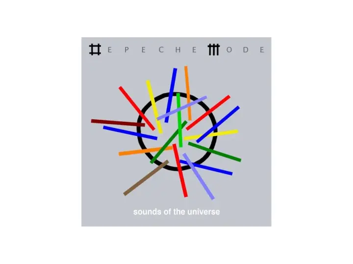 Kolorowe linie wirują wokół czarnego okręgu, tworząc wizualizację "sounds of the universe". Nad nimi logo Depeche Mode.