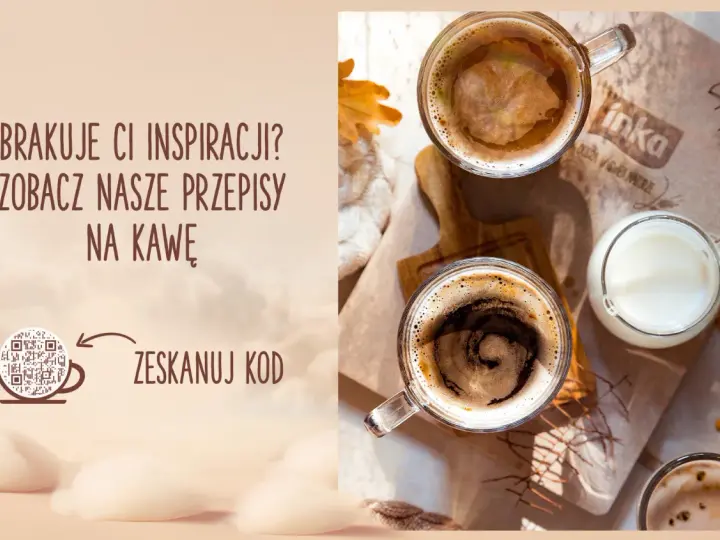 Dwie filiżanki kawy, jedna z mlekiem, na tle opakowania z logo Inka. Brak inspiracji? Zeskanuj kod, by poznać przepisy na kawę.