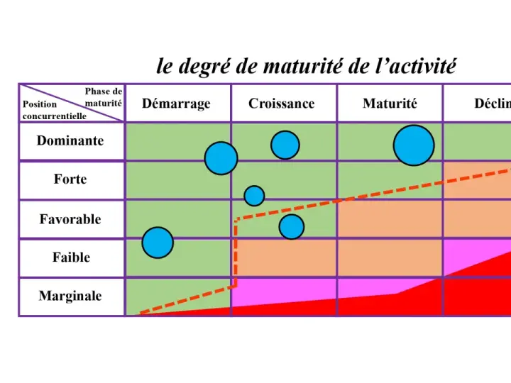 Matrice ADL : position concurrentielle vs phase de maturité. Des bulles bleues indiquent des activités dans différentes zones.