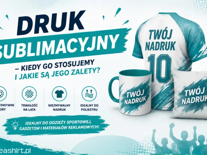 Druk termosublimacyjny na koszulce, kubku i poduszce. Żywe kolory, trwałość i idealny nadruk na poliestrze.