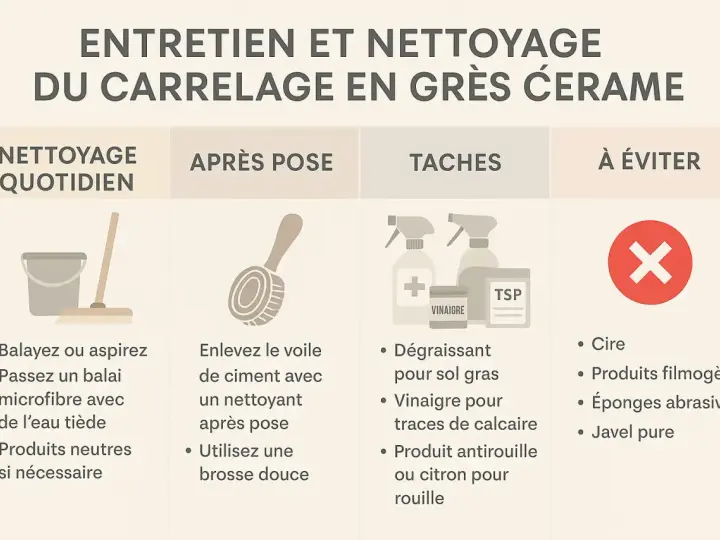 Guide d'entretien pour le nettoyage de carrelage neuf : quotidien, après pose, taches et produits à éviter.